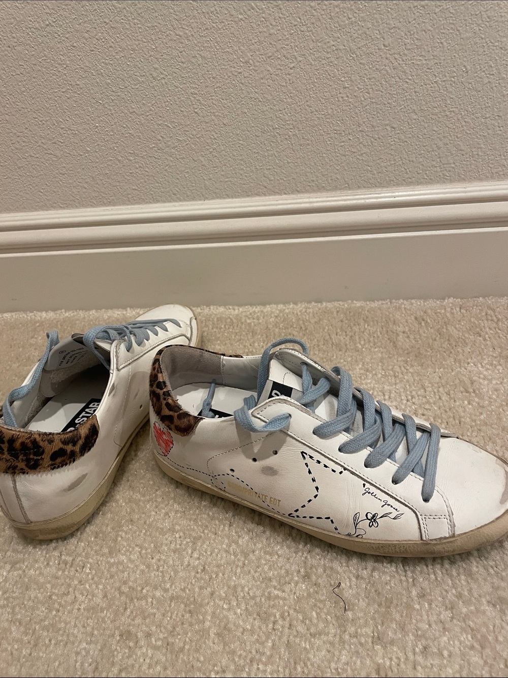Golden Goose Super-Star White Leather Sneakers with Leopard Heel includes box